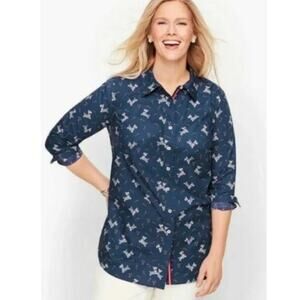 Talbots Christmas Westie Dog Blouse Womens Medium Blue Cotton Collared Shirt